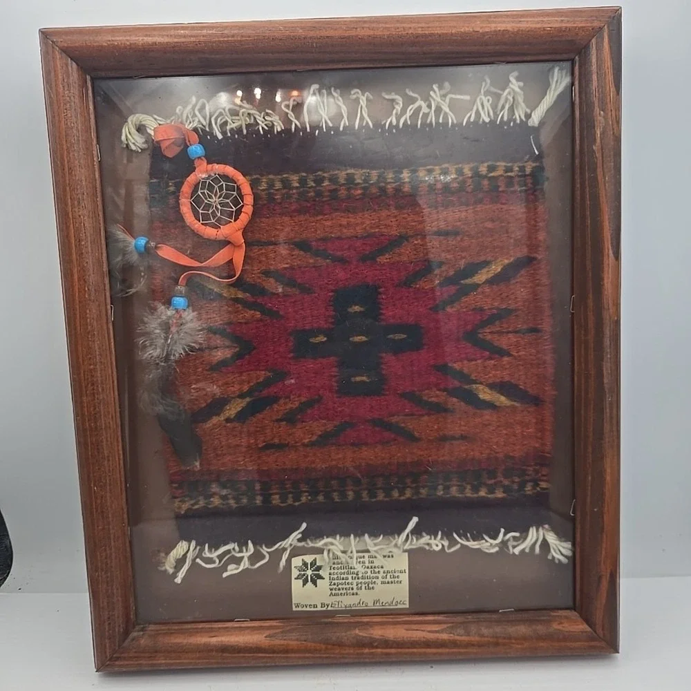 Native Indian Zapotec Oaxaca Fringed‎ Mini Wool Rug Framed